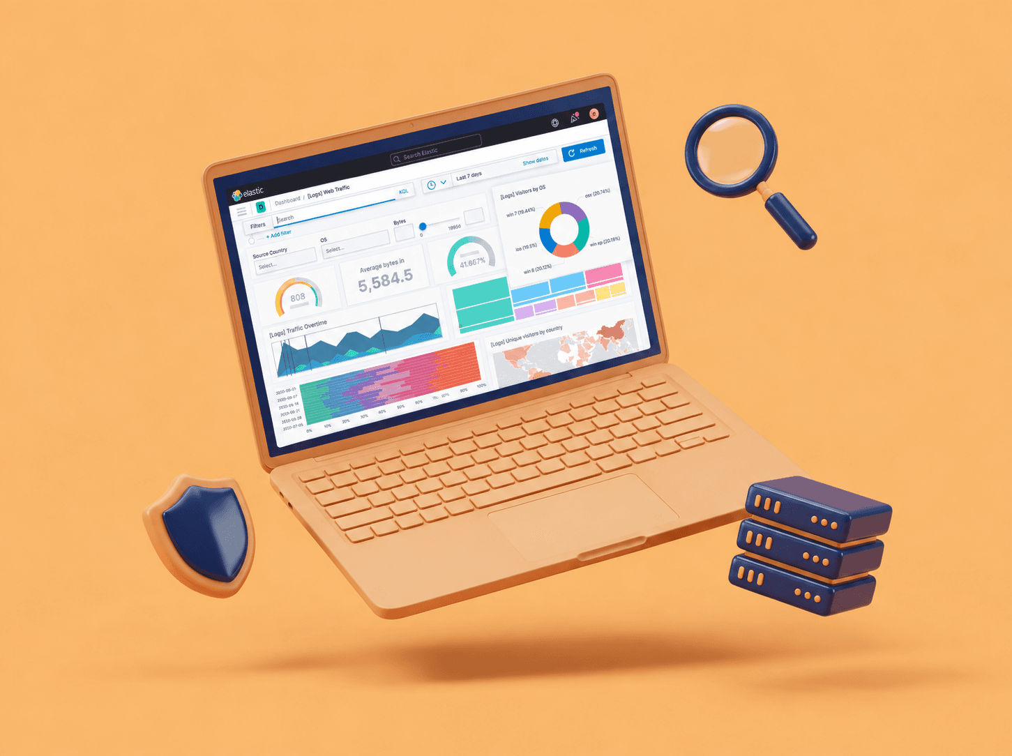 Laptop met een Kibana-dashboard voor webverkeer, omringd door een schild, vergrootglas en serverrack